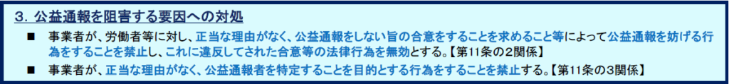 公益通報者保護法の一部を改正する法律（概要）
３．公益通報を阻害する要因への対処
 事業者が、労働者等に対し、正当な理由がなく、公益通報をしない旨の合意をすることを求めること等によって公益通報を妨げる行
為をすることを禁止し、これに違反してされた合意等の法律行為を無効とする。【第11条の２関係】
 事業者が、正当な理由がなく、公益通報者を特定することを目的とする行為をすることを禁止する。【第11条の３関係】