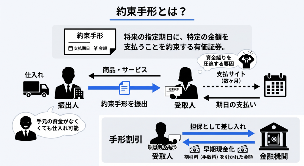 約束手形とは？ 将来の指定された期日に、特定の金額を支払うことを約束する有価証券のことです。主に企業間の商取引において、商品やサービスの代金を後払いにする目的で利用されてきました。